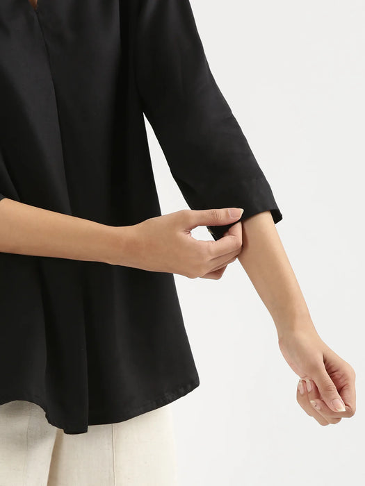 Women Black Viscose Pleated Top