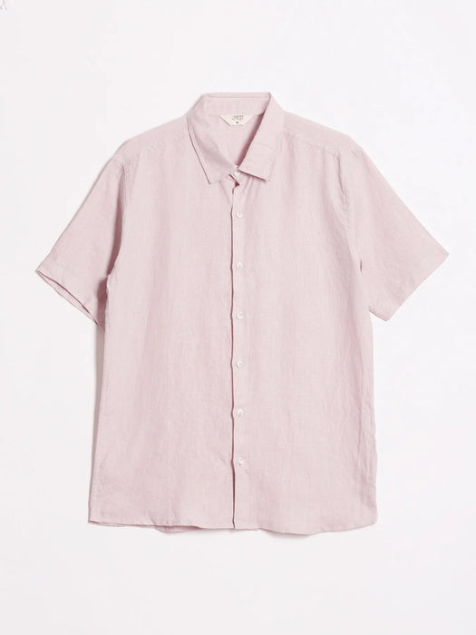 Men Light Pink Pure Linen Short Sleeve Shirt