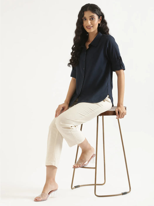 Women Navy Blue Airy-Linen Shirt