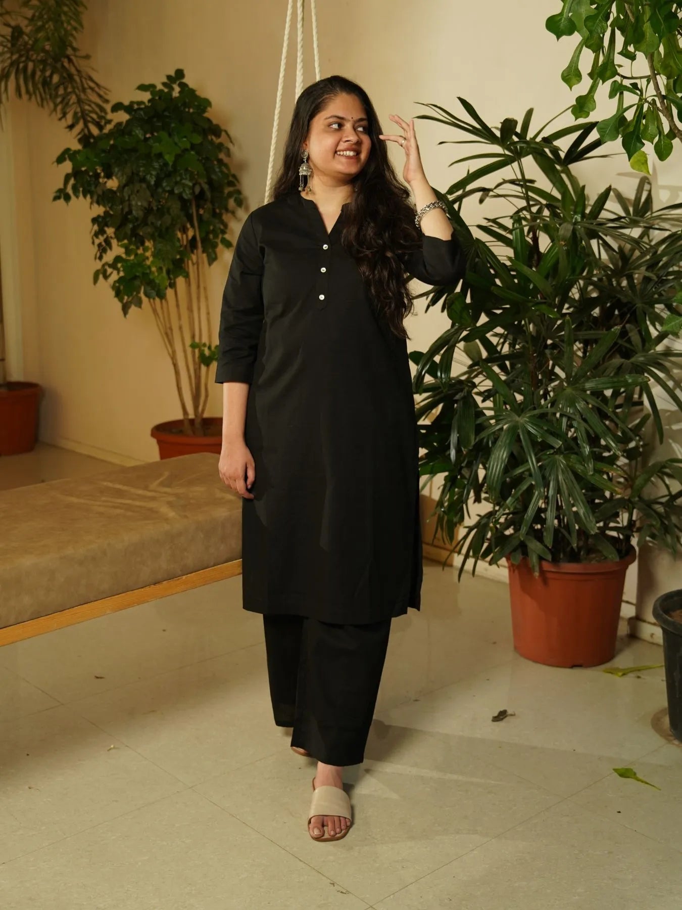 Black Airy Linen Long Kurta Co-ord Set