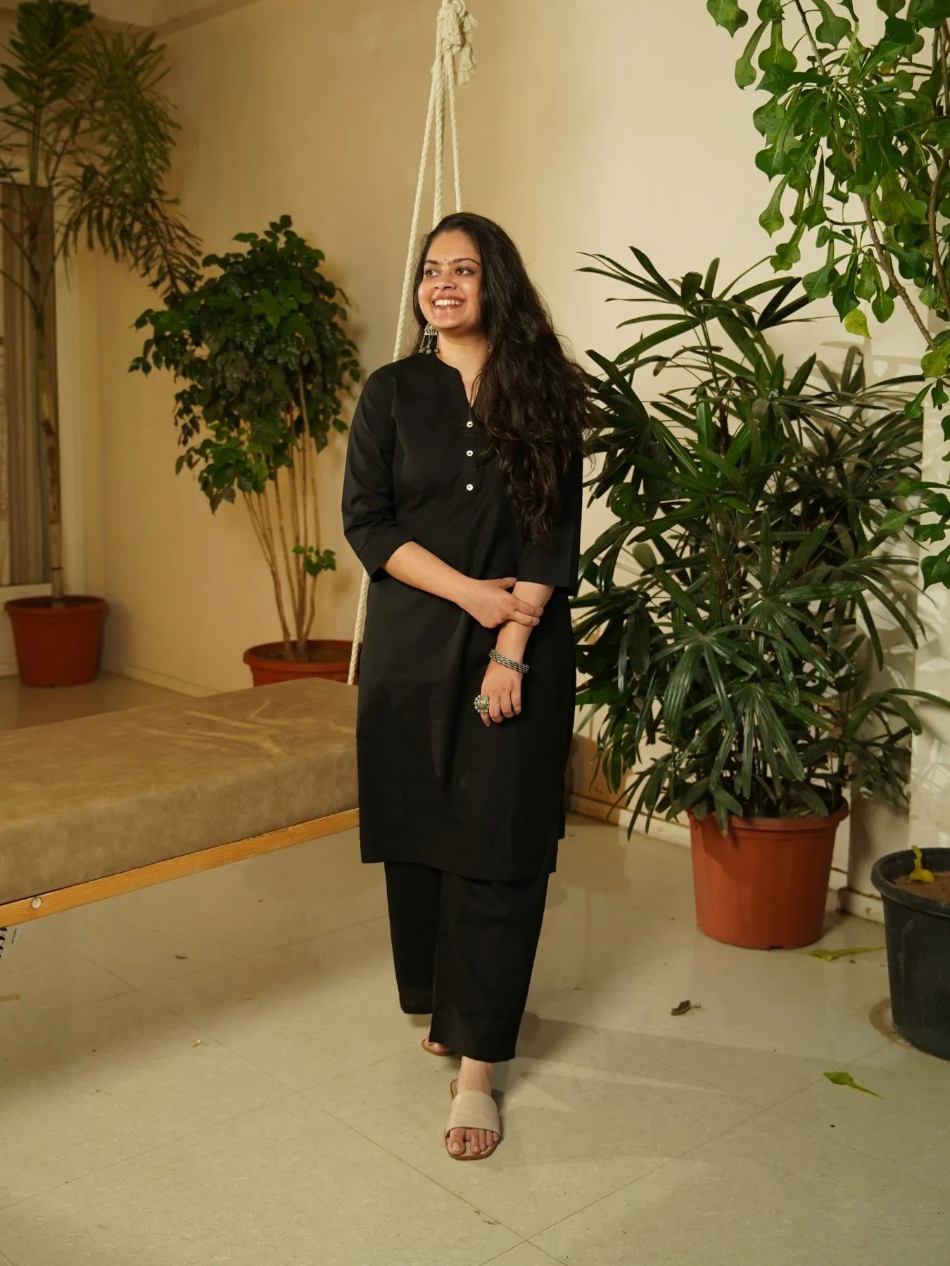 Black Airy Linen Long Kurta Co-ord Set