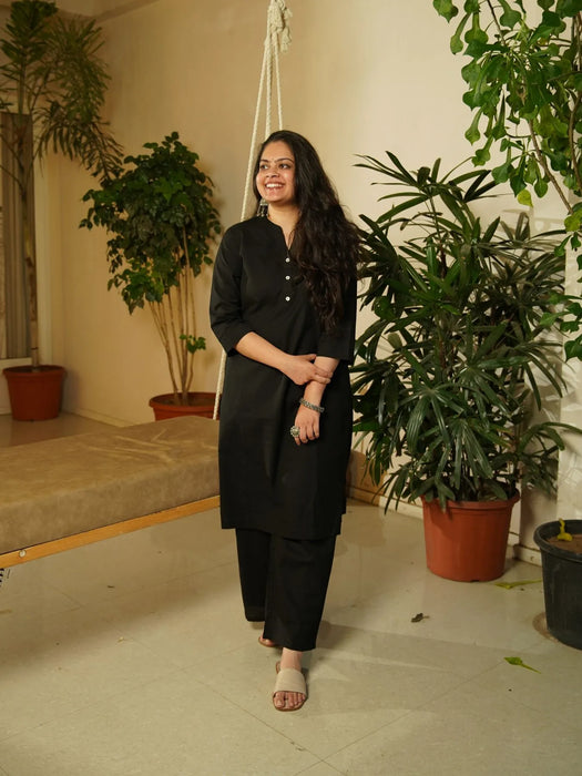 Black Airy Linen Long Kurta Co-ord Set