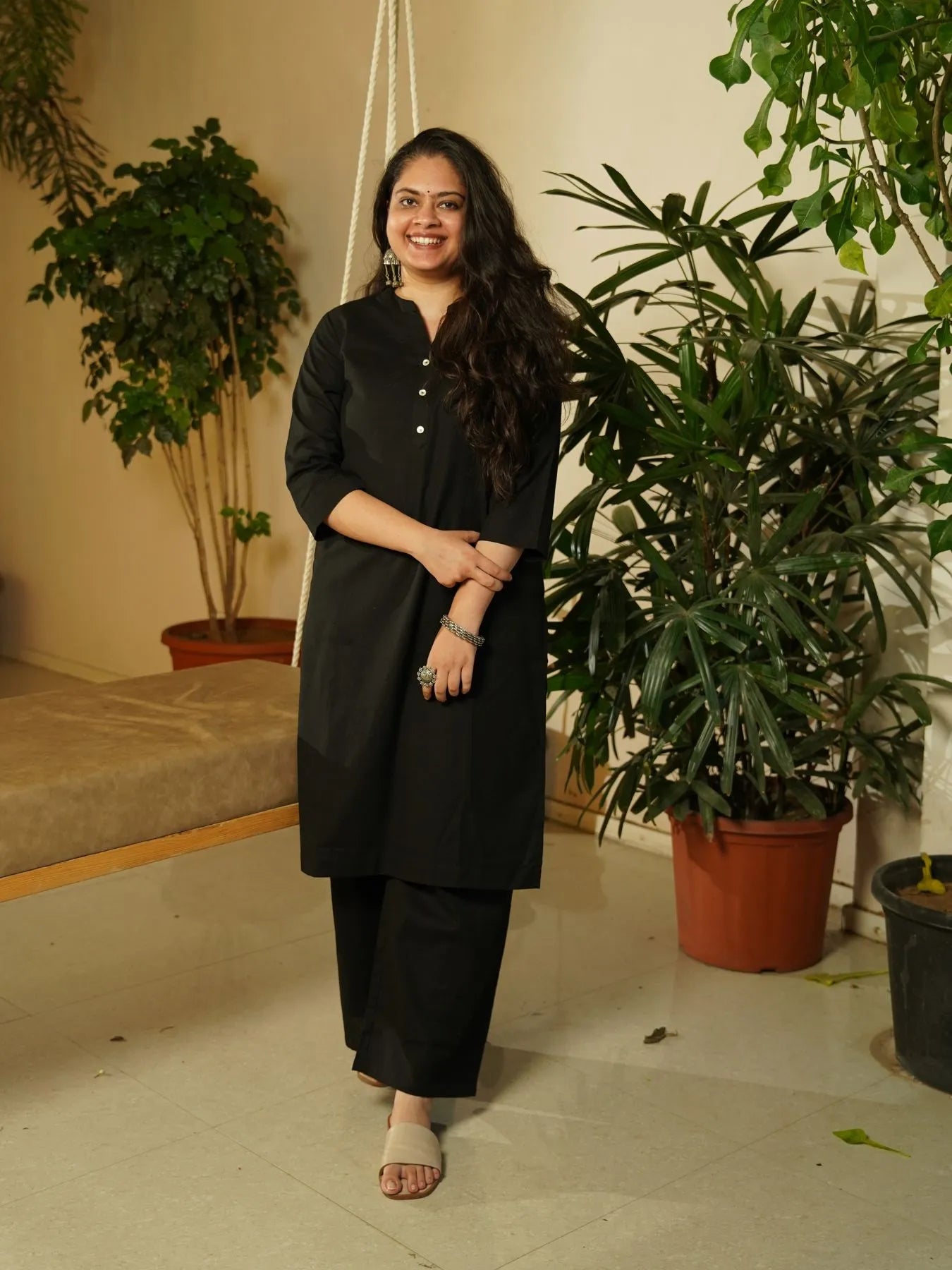Black Airy Linen Long Kurta Co-ord Set