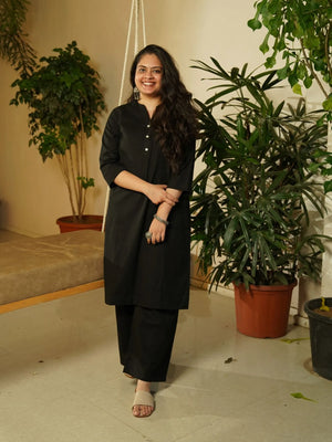Black Airy Linen Long Kurta Co-ord Set
