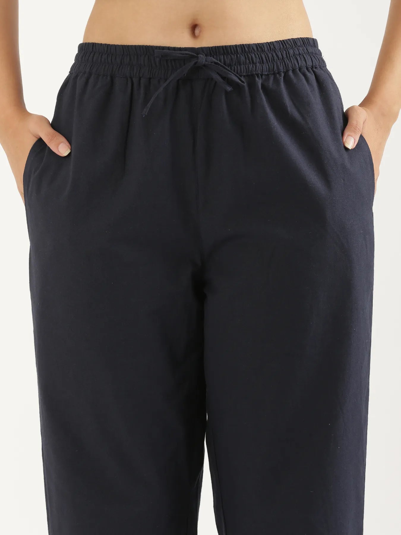 Women Navy Blue Cotton Straight Pant