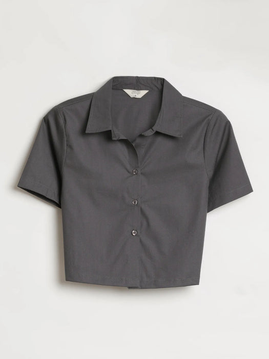 Women Dark Grey Better Cotton Crop Shirt
