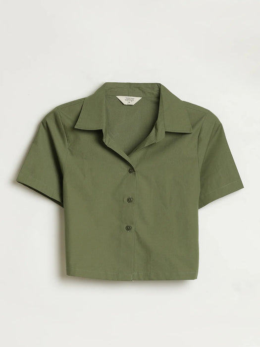 Women Forest Green Better Cotton Crop Shirt