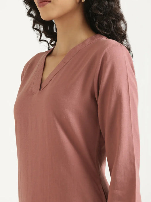 Women Rose Taupe Flowy Linen Kurta Set