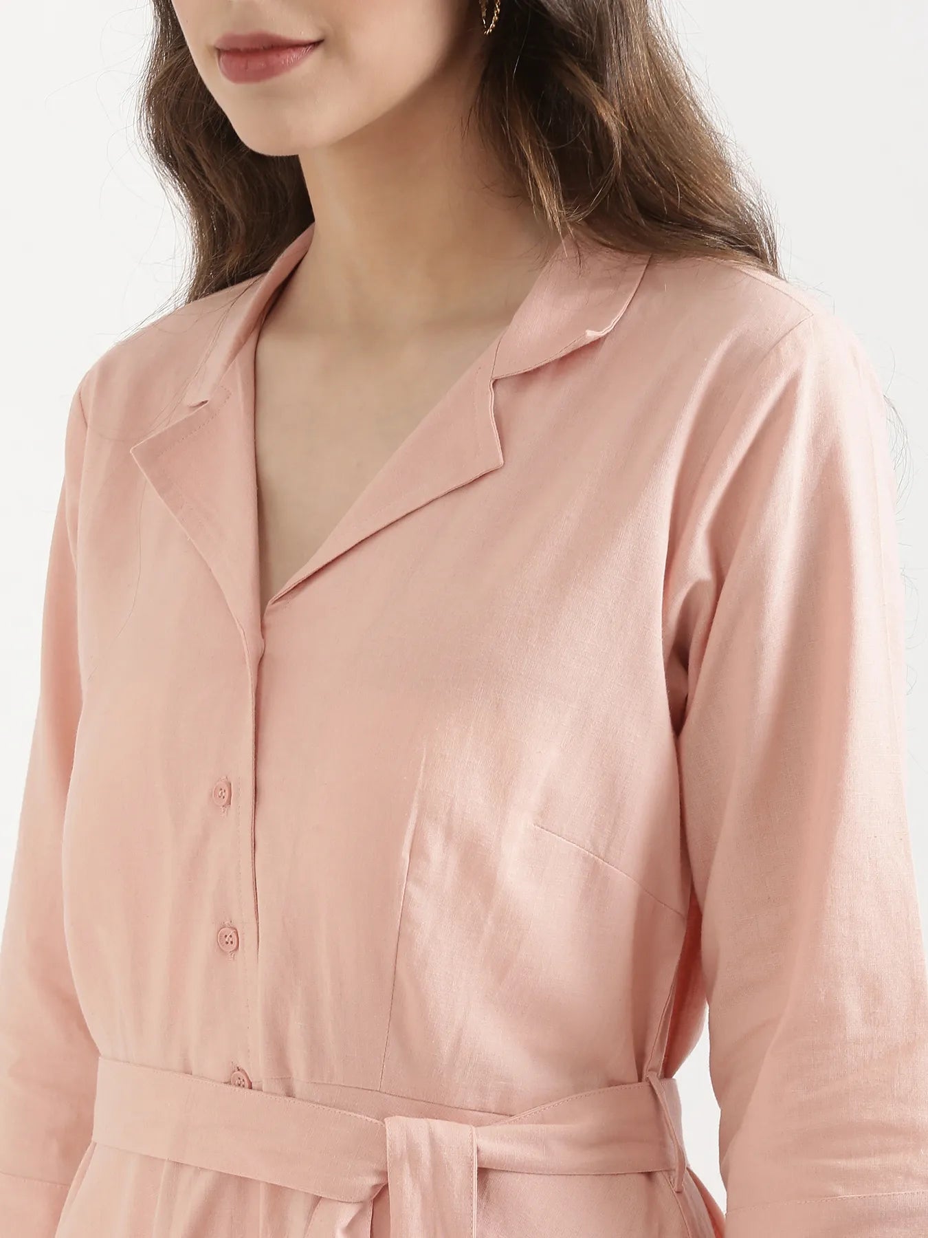 Women Salmon Pink Airy Linen Flared Dress