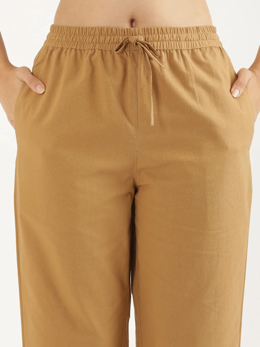 Women Coffee Brown Cotton Straight Pant