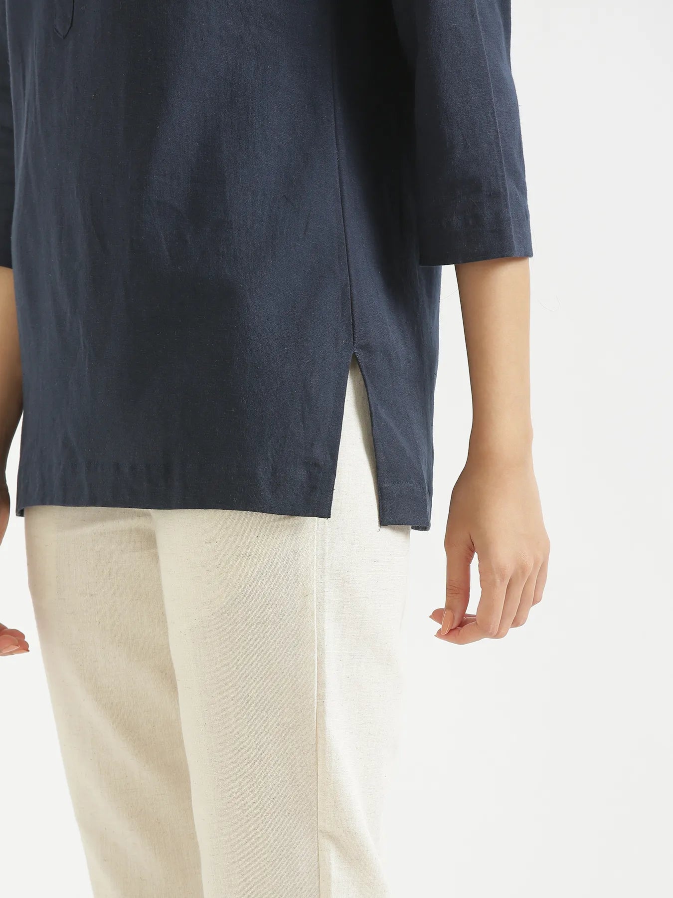 Women Navy Blue Airy Linen Short Kurta