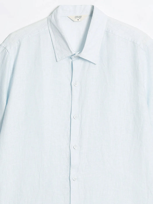 Men Light Blue Pure Linen Short Sleeve Shirt