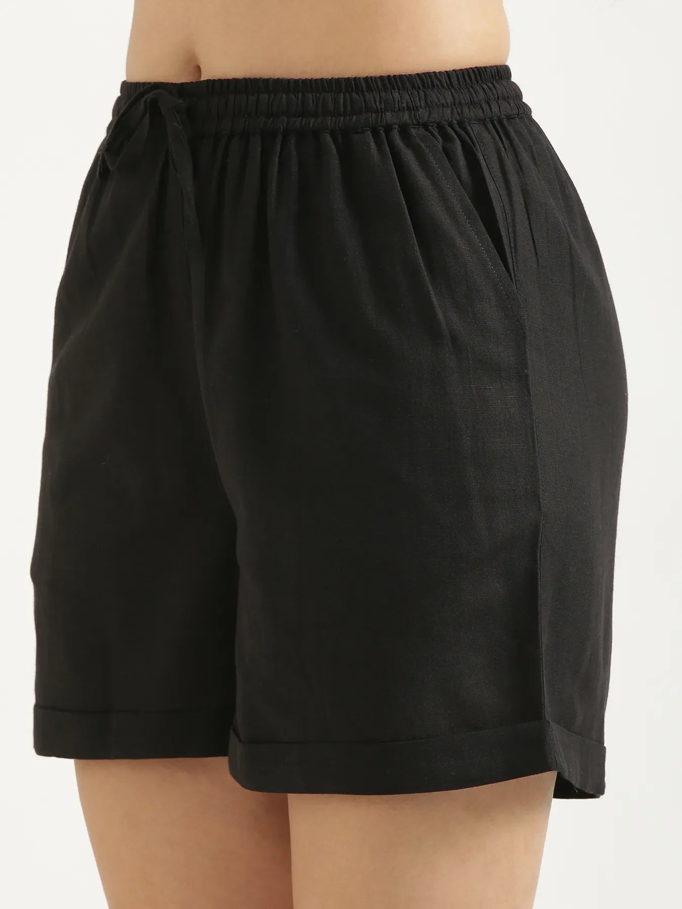 Women Black Flowy Linen Short Set