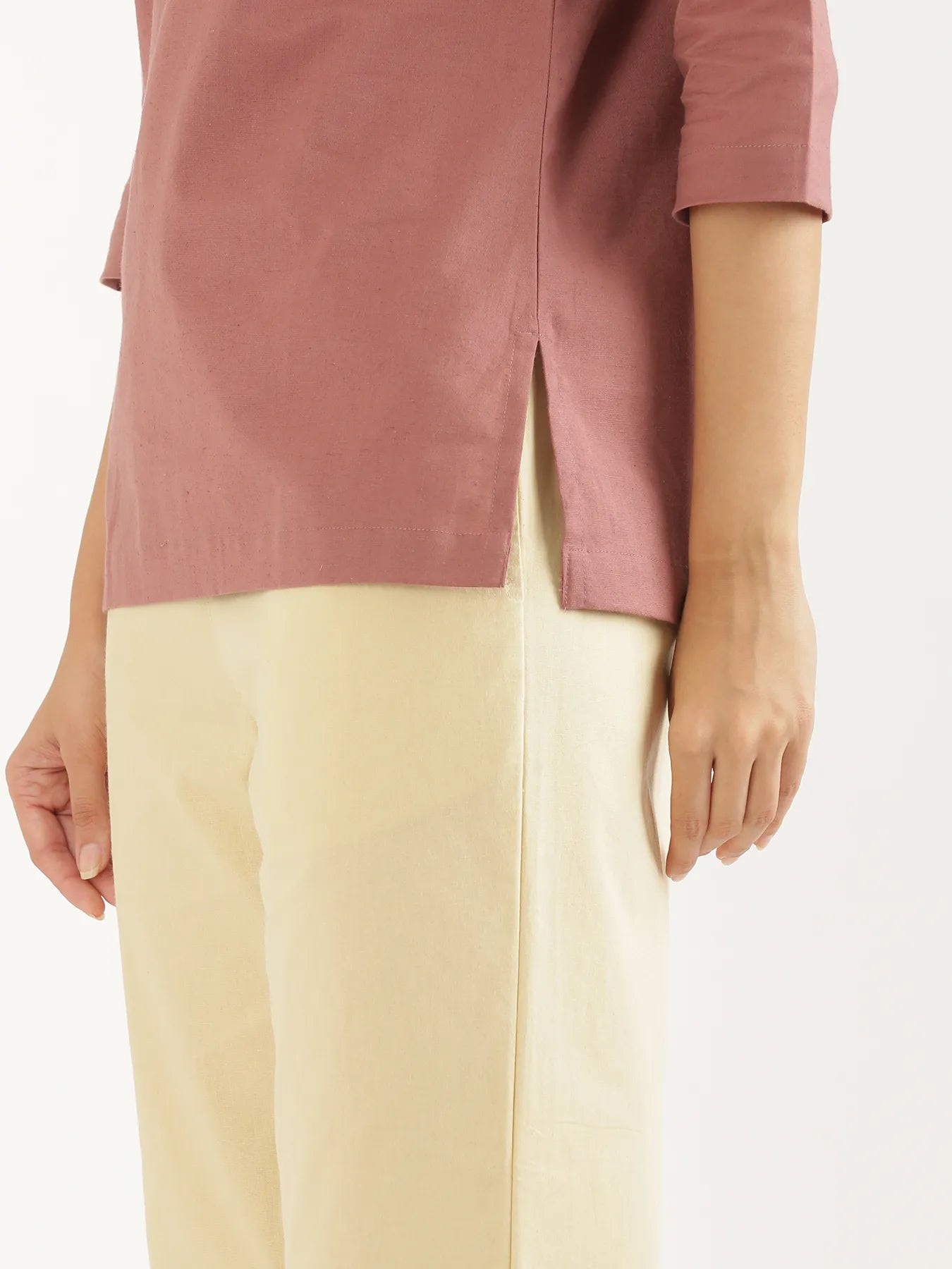 Women Rose Taupe Airy Linen Split Neck Short Kurta