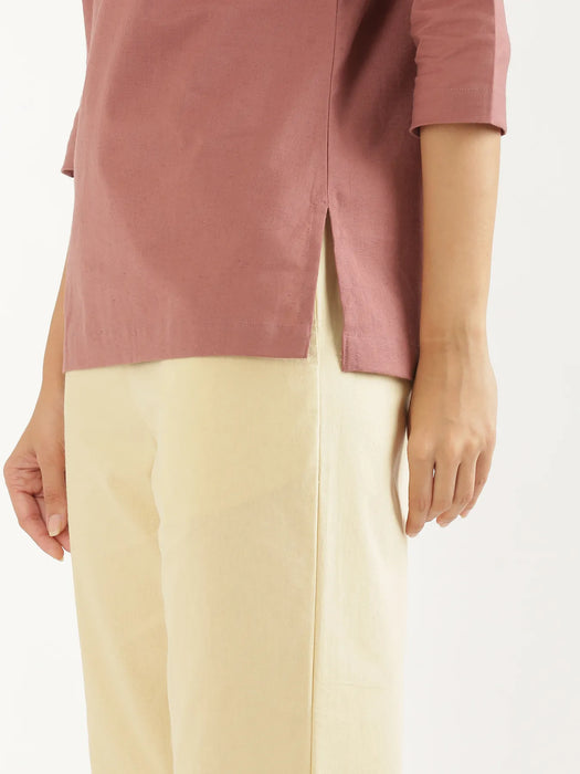Women Rose Taupe Airy Linen Split Neck Short Kurta
