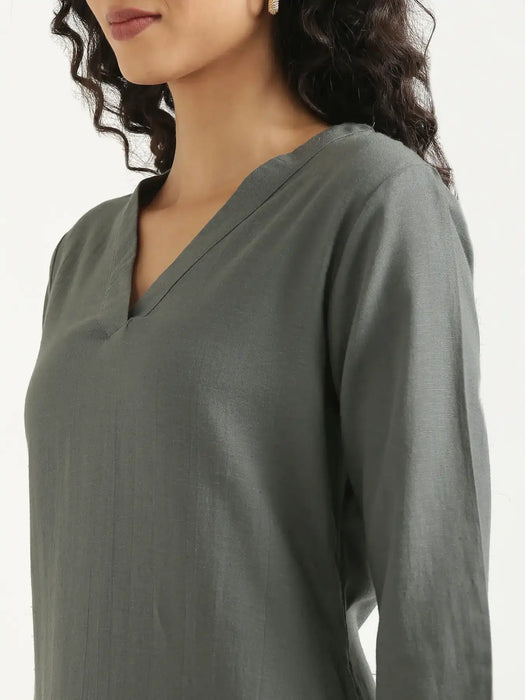 Women German Grey Flowy Linen A-Line Long Kurta