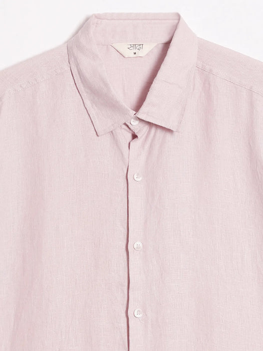 Men Light Pink Pure Linen Short Sleeve Shirt
