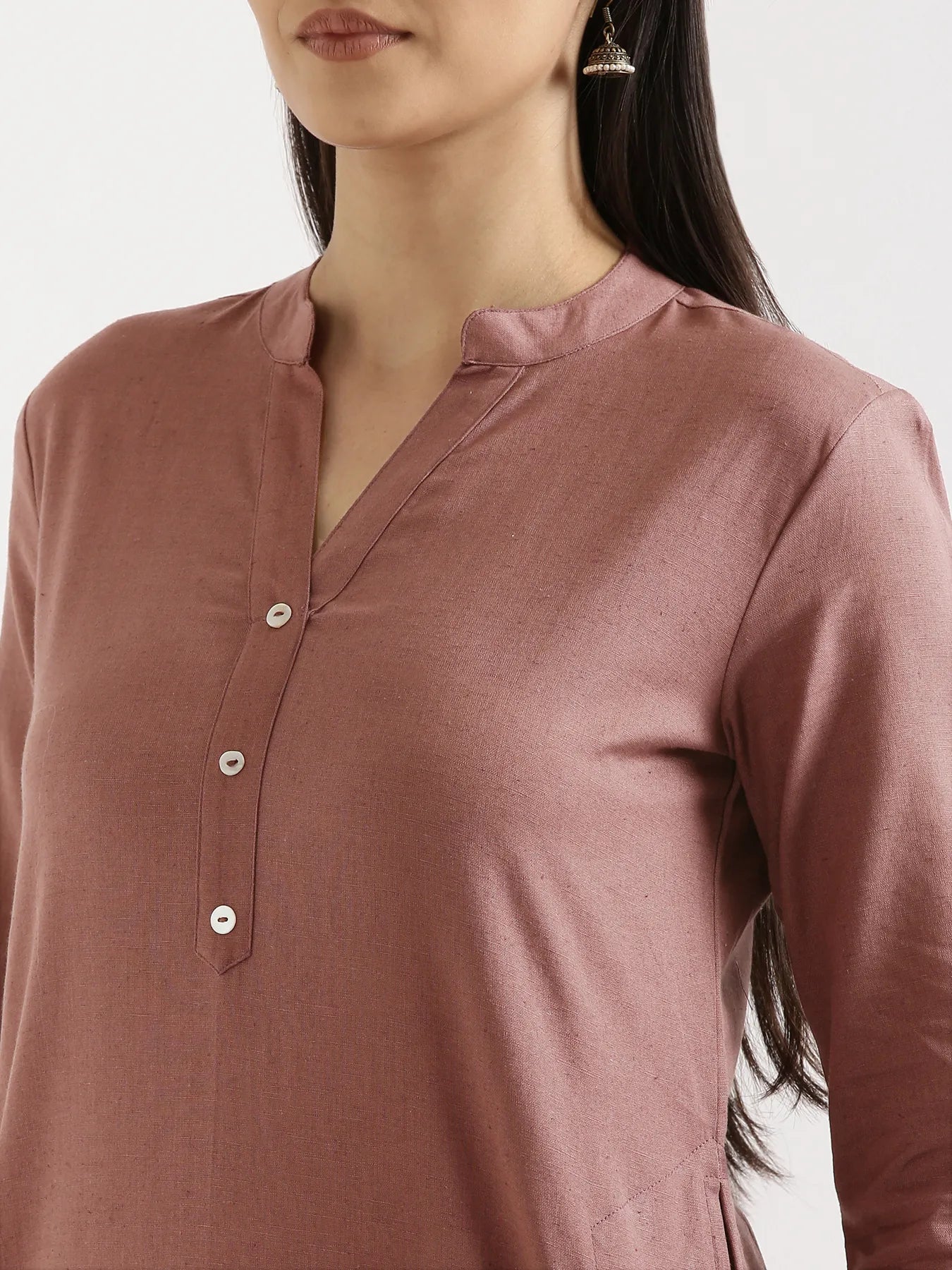 Women Rose Taupe Airy Linen Long Kurta & Beige Viscose Palazzo Pant Set