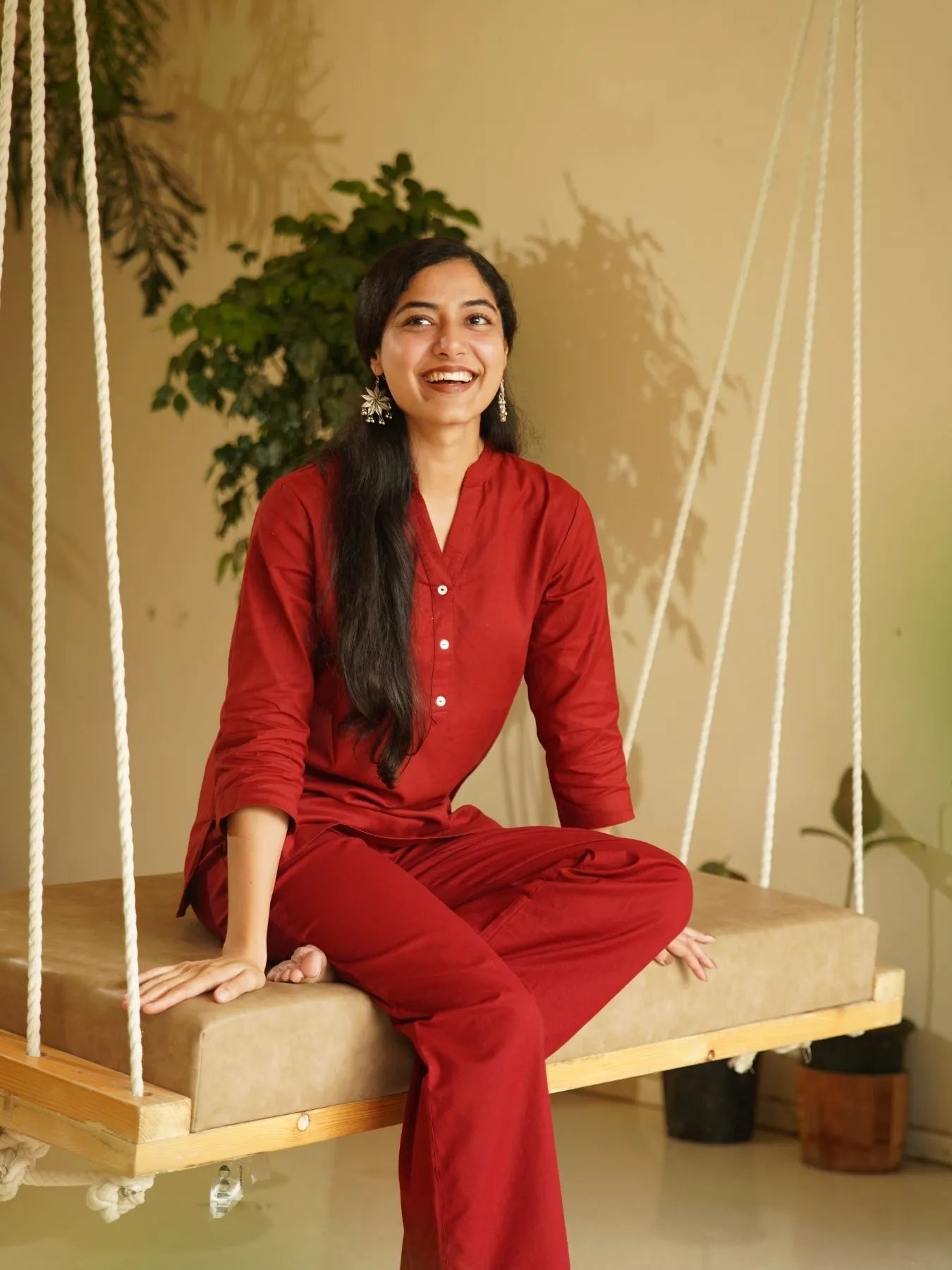 Maroon Airy Linen Short Kurta Co-ord Set