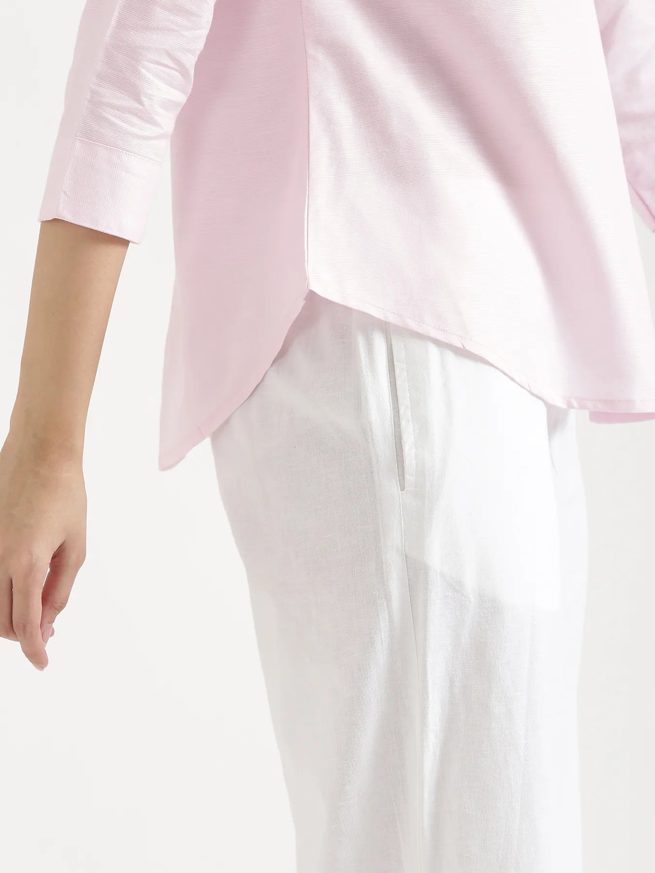 Women Blush Pink Linen Blend Pleated Top & White Airy Linen Wide Leg Pants Pant Set
