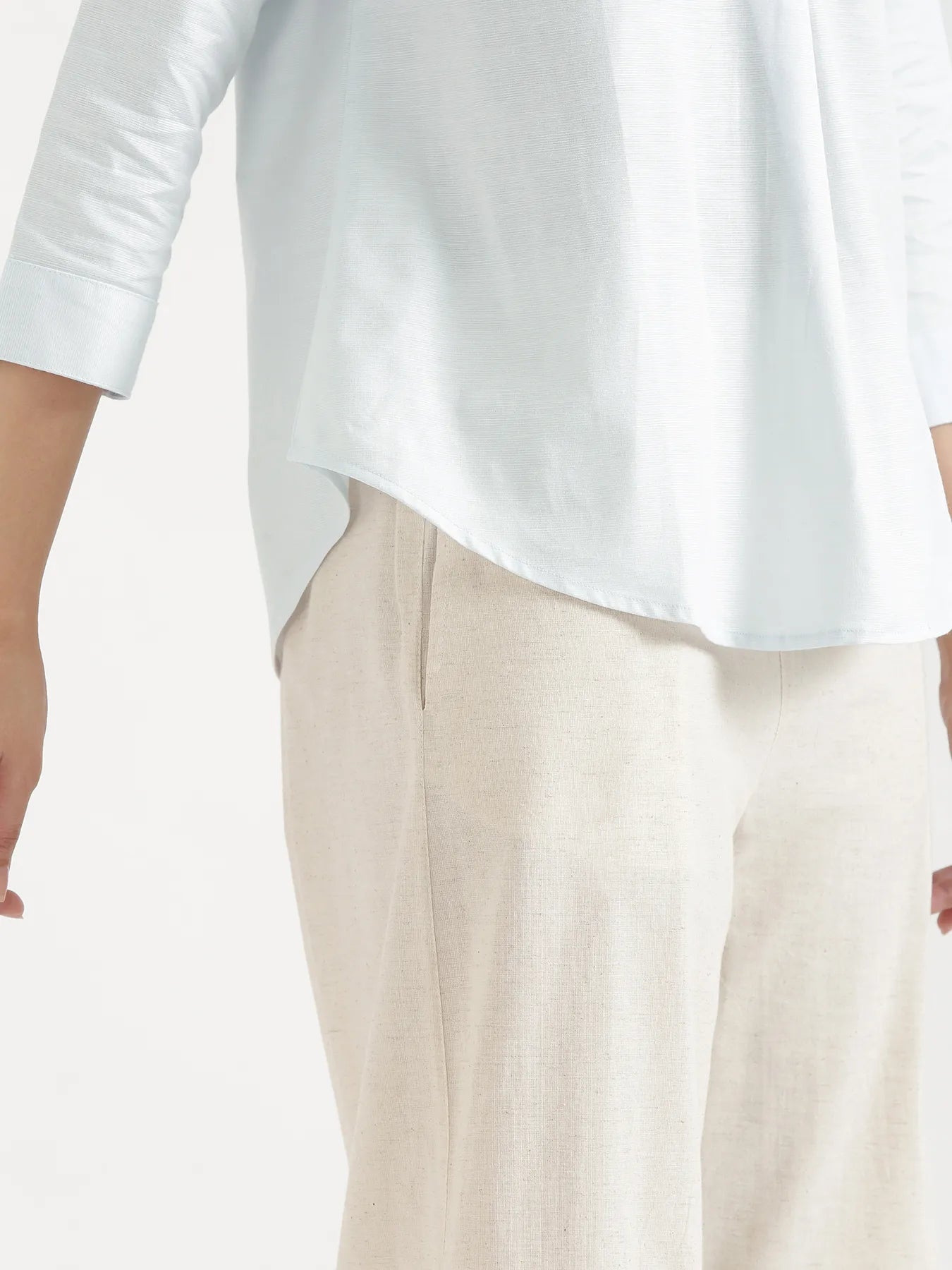 Women Powder Blue Linen Blend Pleated Top & Ecru Airy Linen Wide Leg Pants Pant Set