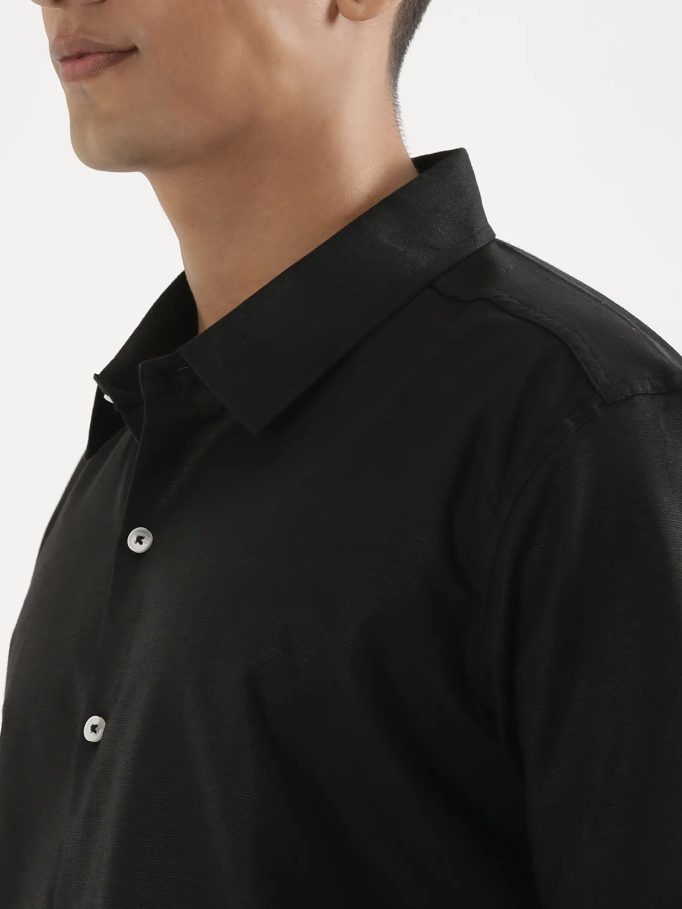 Men Black Linen Blend Short Sleeve Shirt