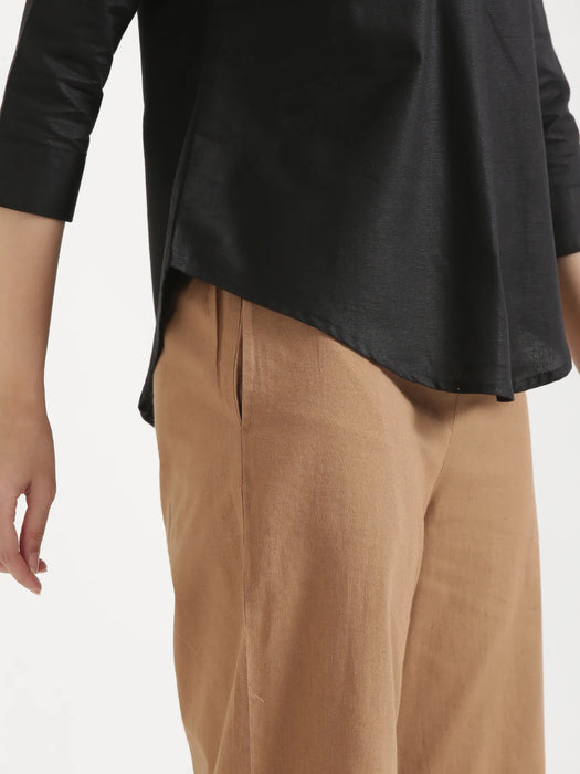 Women Black Linen Blend Pleated Top