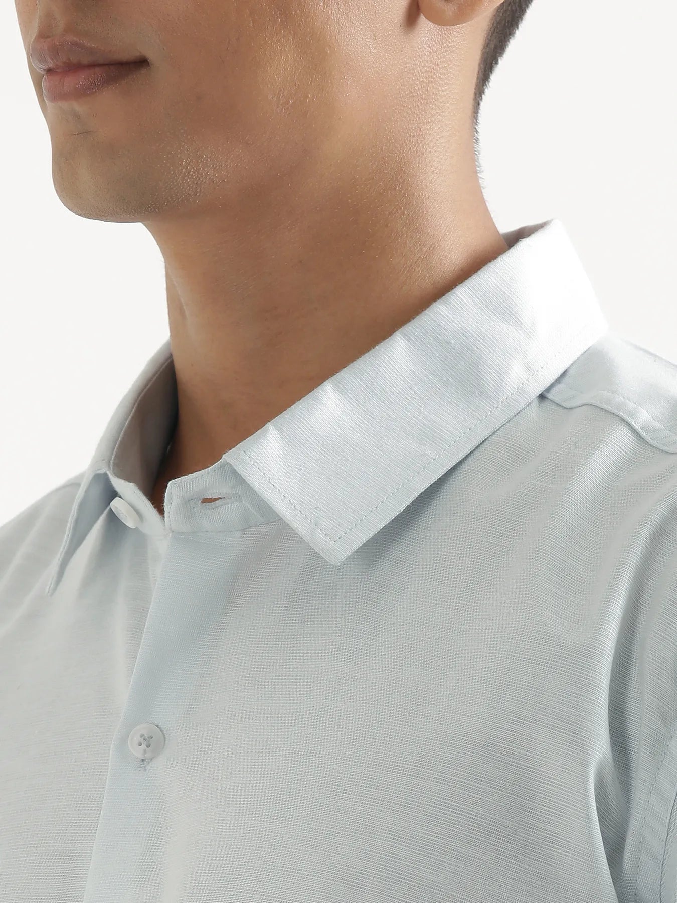 Men Powder Blue Linen Blend Short Sleeve Shirt