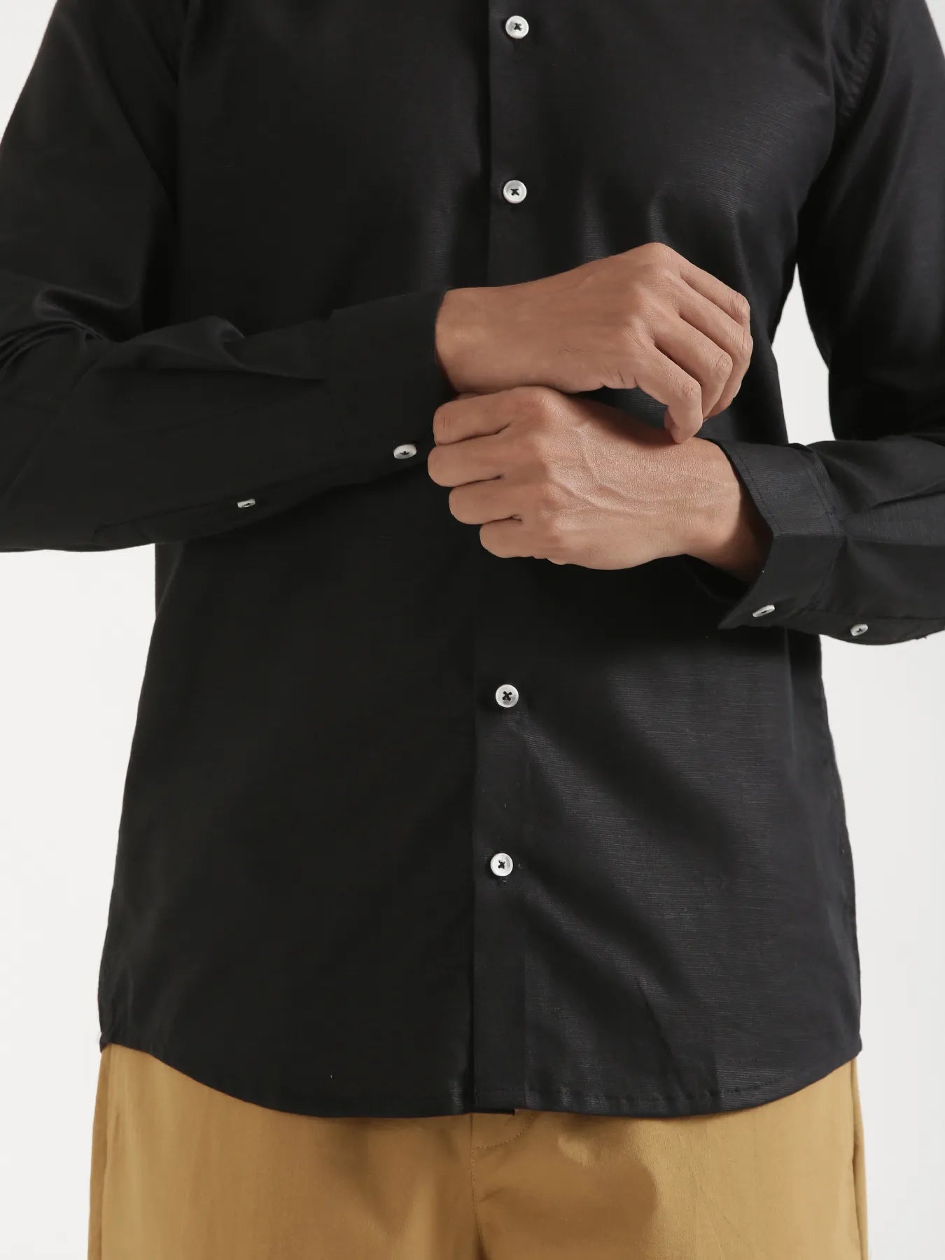 Men Black Linen Blend Mandarin Collar Shirt