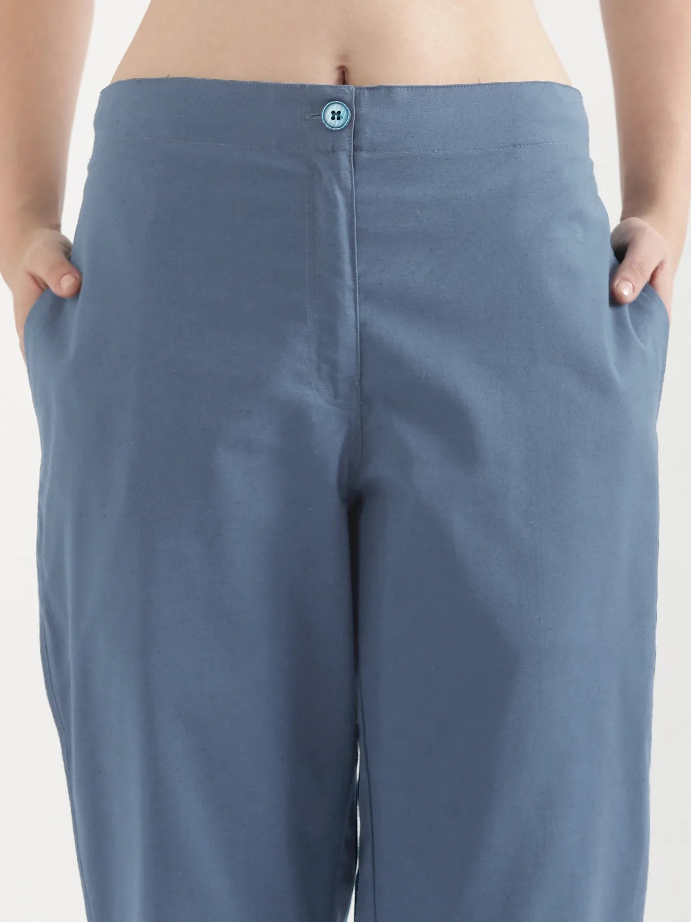 Women English Blue Airy Linen Straight Pants