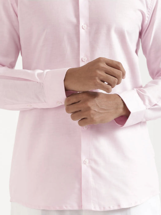 Men Blush Pink Linen Blend Mandarin Collar Shirt