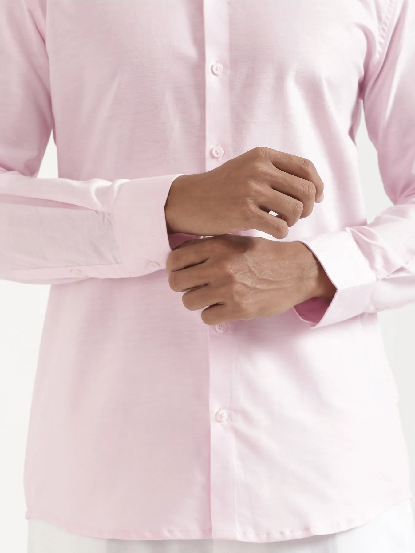 Men Blush Pink Linen Blend Mandarin Collar Shirt & White Cotton Pant Set
