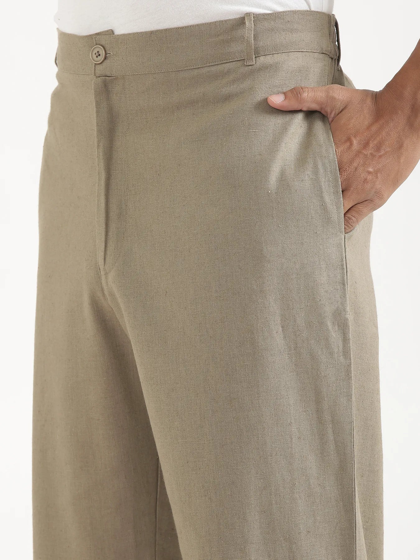 Men Khakhi Linen Blend Straight Pant