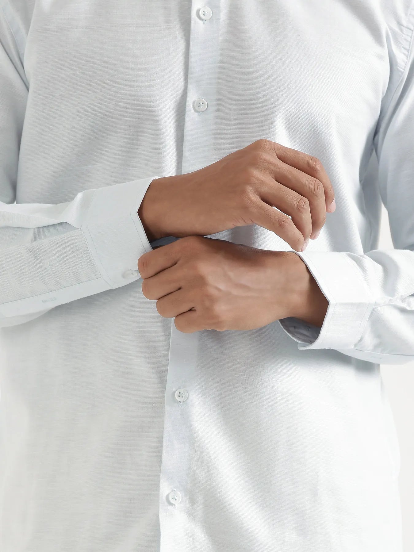 Men Powder Blue Linen Blend Mandarin Collar Shirt