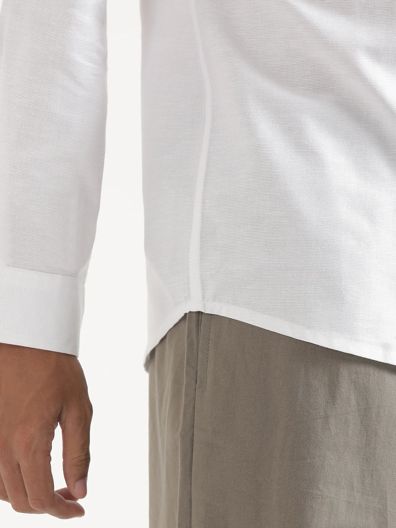 Men White Linen Blend Mandarin Collar Shirt