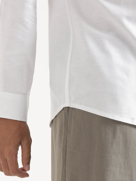 Men White Linen Blend Mandarin Collar Shirt