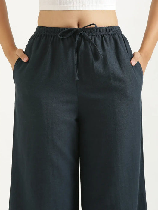 Women Navy Blue Flowy Linen Wide Leg Pants