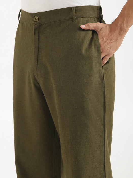 Men Olive Green Linen Blend Straight Pant