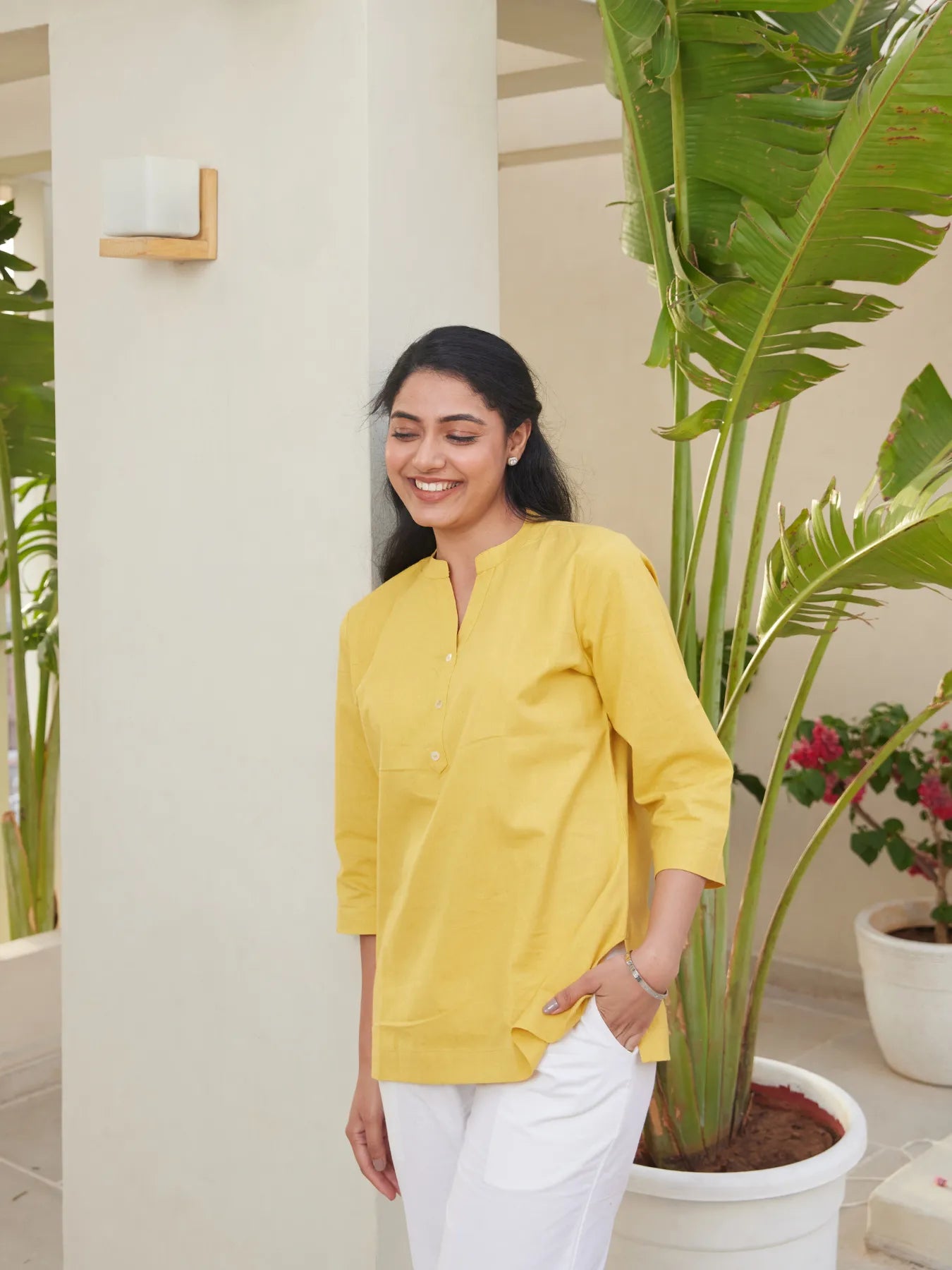 Yellow Short Kurta with White Cotton Pant