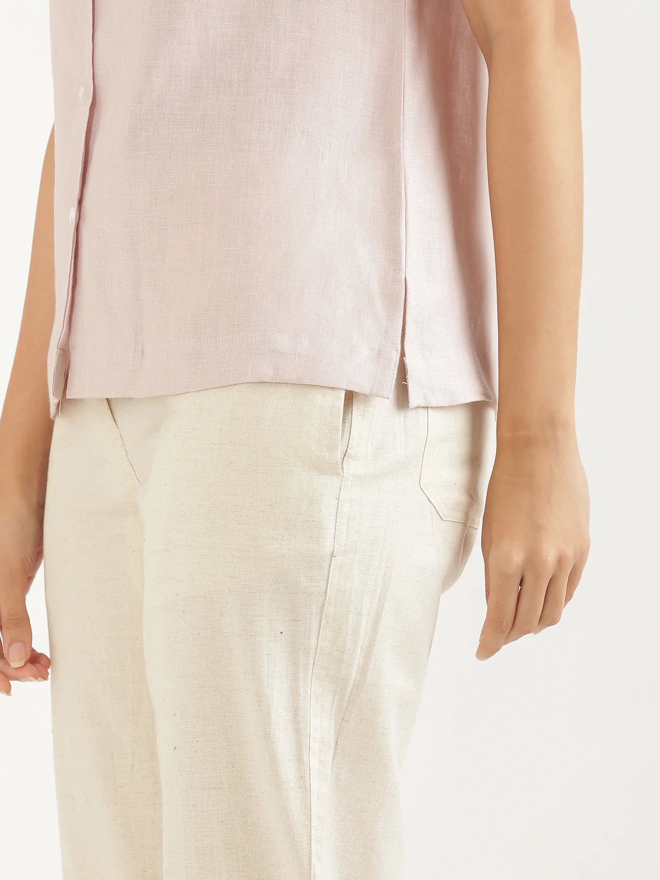 Women Light Pink Pure Linen Notch Collar Shirt
