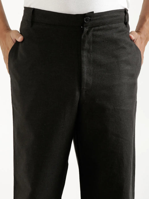 Men Black Linen Blend Pant & Taupe Pure Linen Short Sleeve Shirt