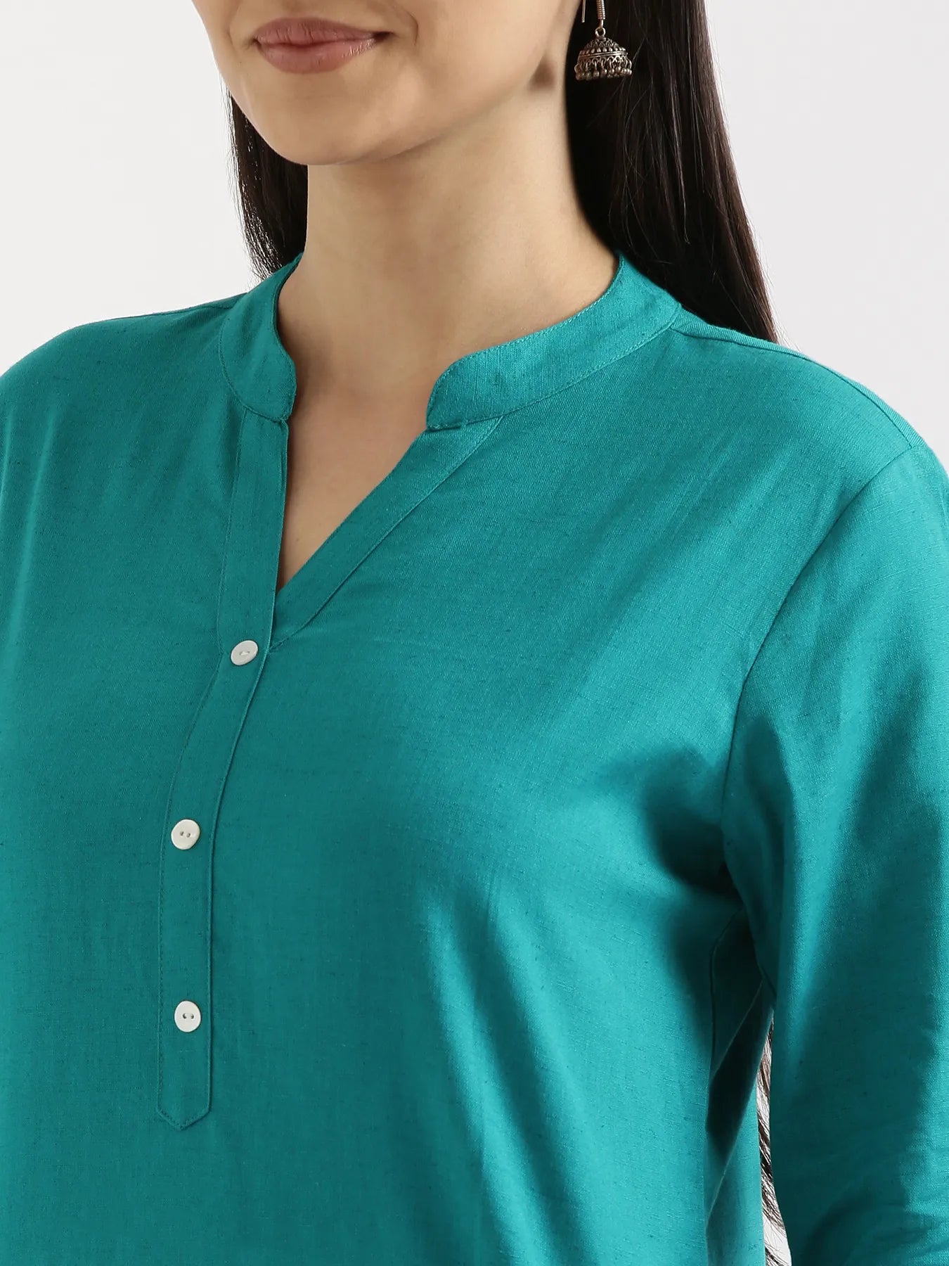 Women Teal Airy Linen Long Kurta