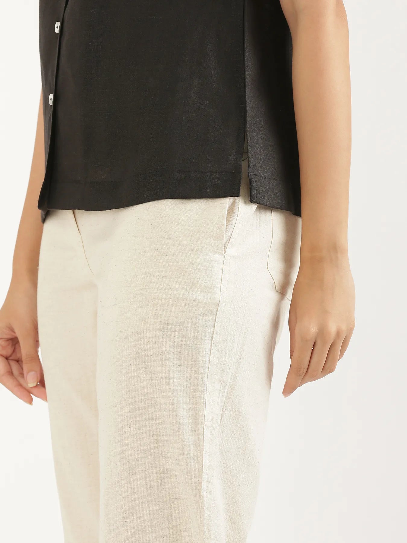 Women Black Pure Linen Notch Collar Shirt