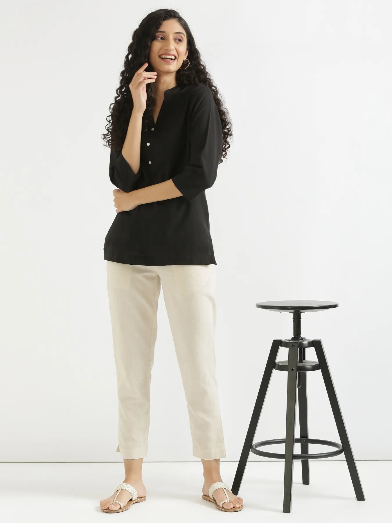 Women Black Airy Linen Short Kurta