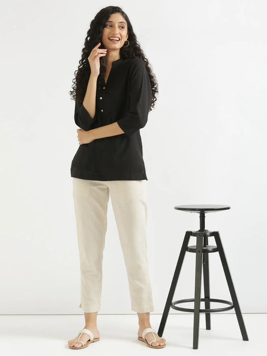 Women Black Airy Linen Short Kurta