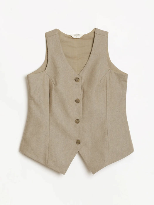 Women Khakhi Linen Blend Waist Coat