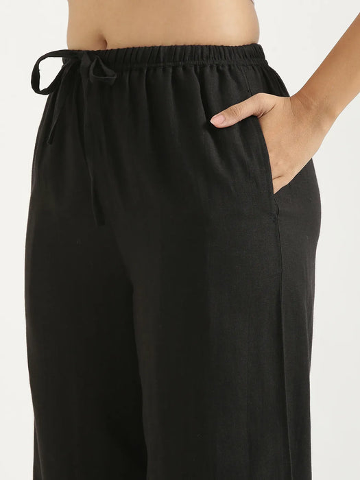 Women Black Flowy Linen Kurta Set