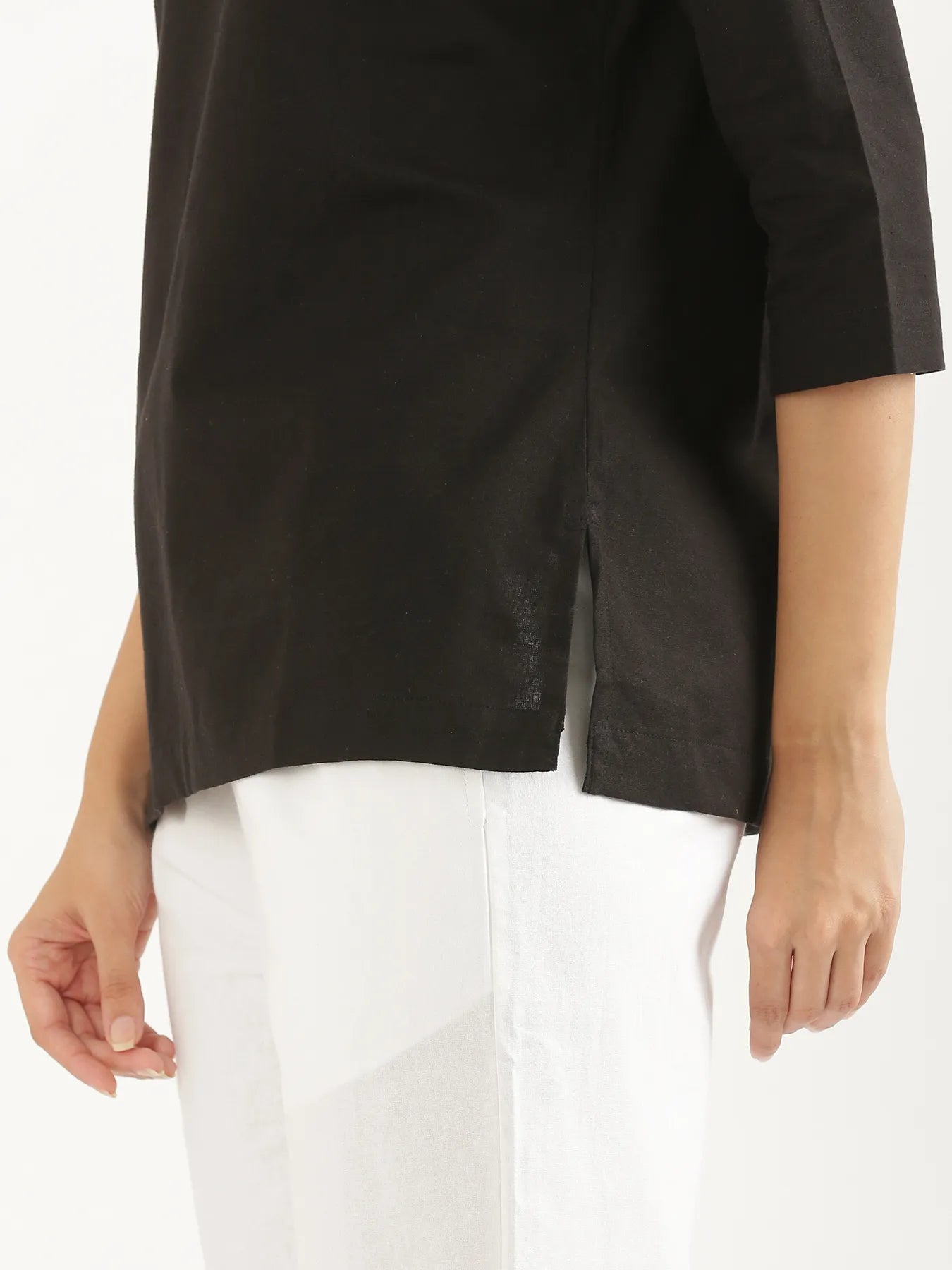 Women Black Airy Linen Split Neck Short Kurta