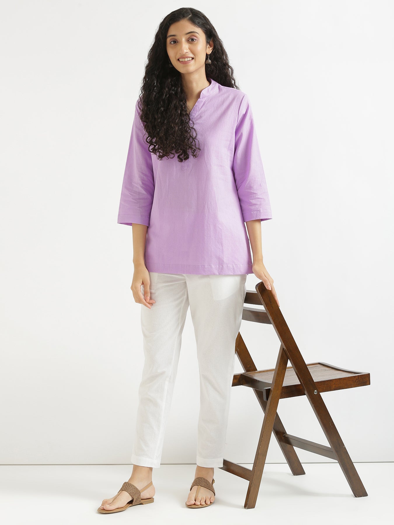 White Cotton Pant with Lilac Long Kurta