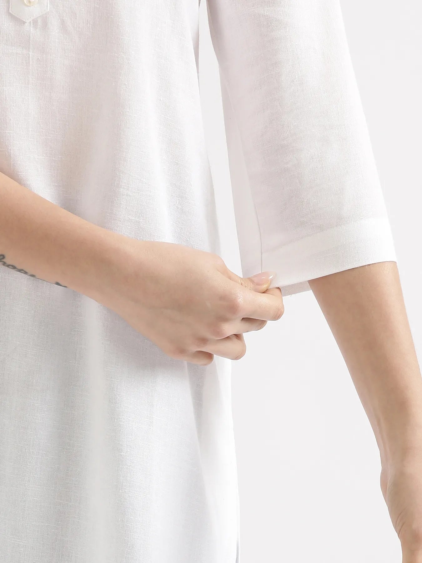 Women White Airy Linen Long Kurta & English Blue Viscose Palazzo Pant Set